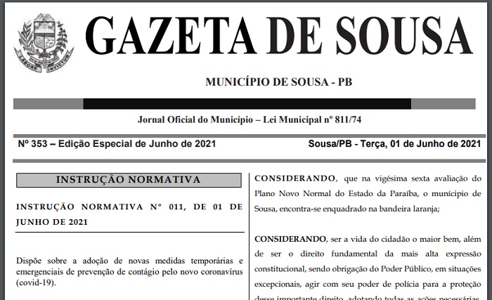 Prefeitura de Sousa divulga nova Instrução Normativa com medidas de prevenção à Covid-19