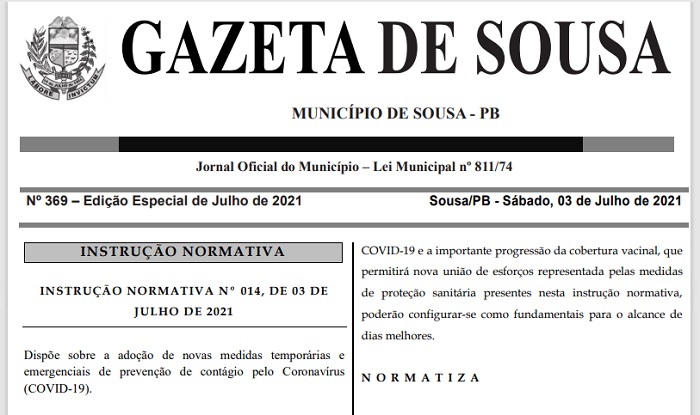 Prefeitura de Sousa divulga nova Instrução Normativa com medidas de prevenção à Covid-19